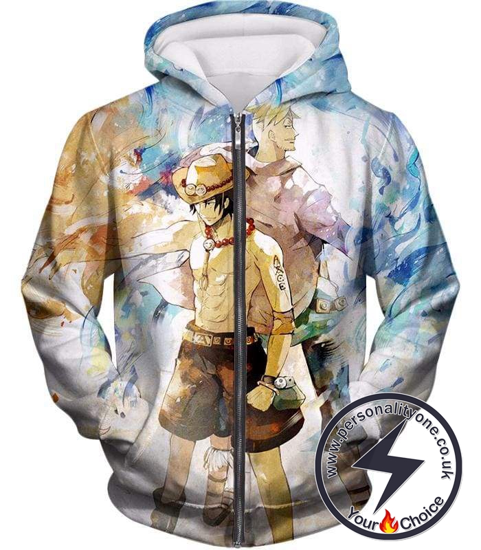 One Piece Whitebeard Pirates Fire Fist Ace and Marco the Phoenix Action Zip Up Hoodie